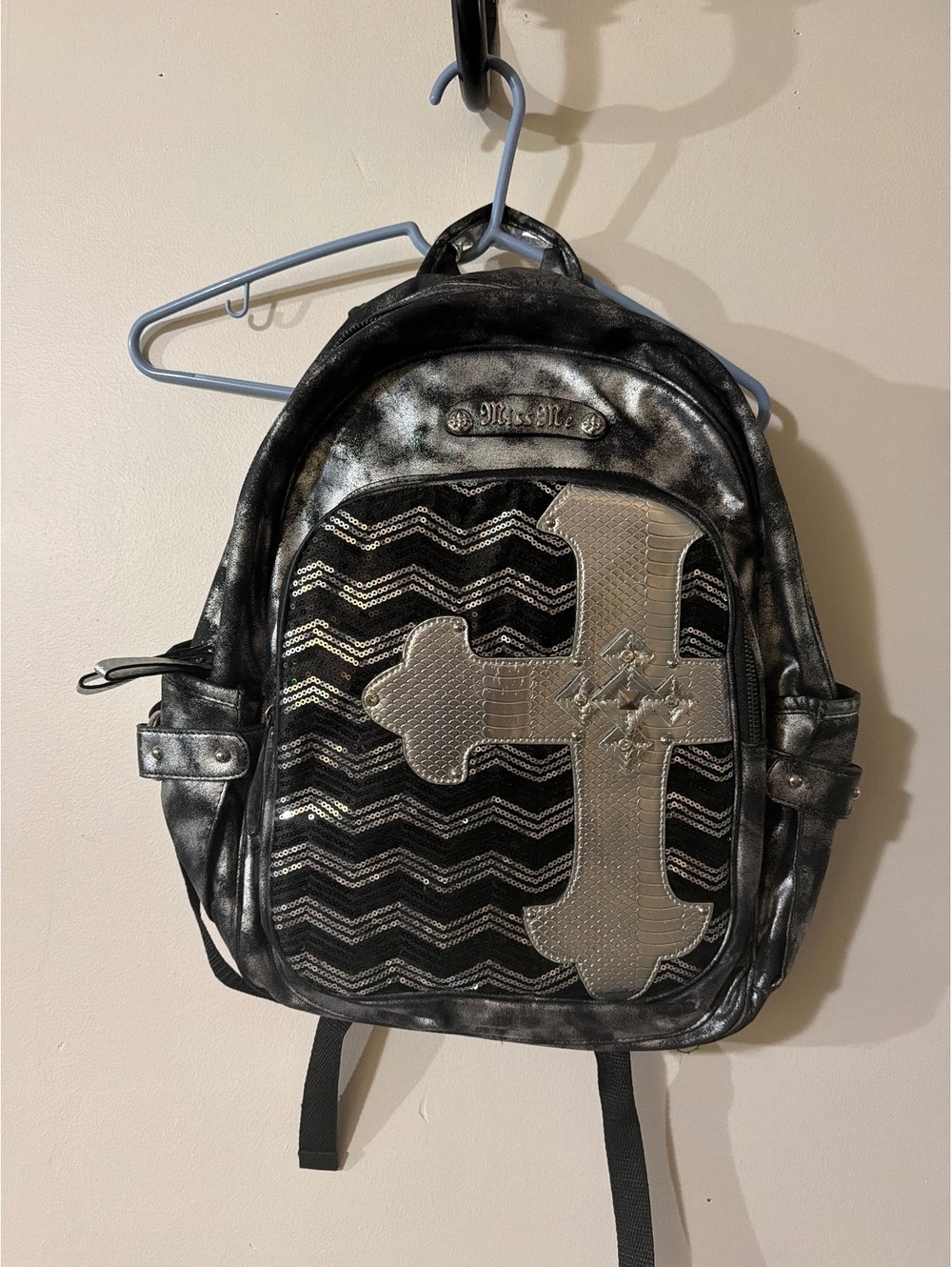 Miss Me Silver/Black Sequin Backpack Cross Appliqué Inner Pockets NEEDS ZIPPER